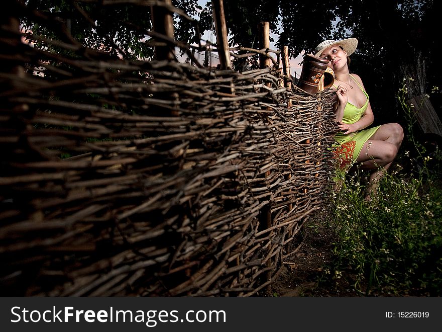 Girl Near Vintage Wall At Dark