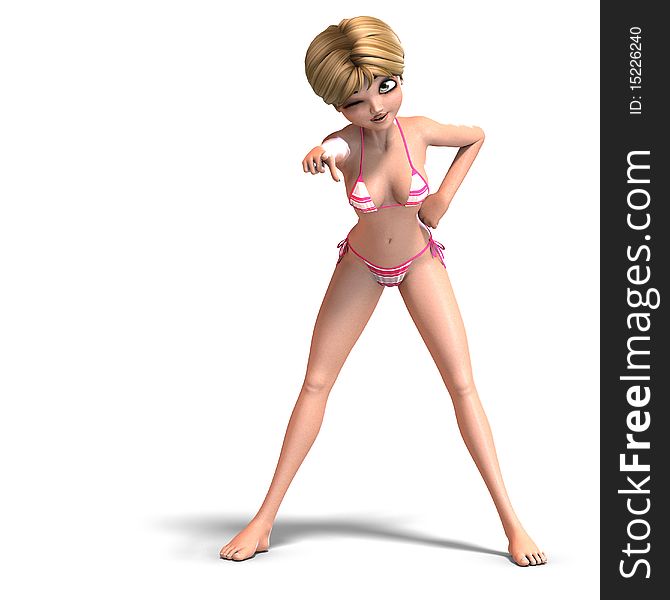 Cute and funny cartoon girl wearing a two piece bikini. 3D rendering with clipping path and shadow over white