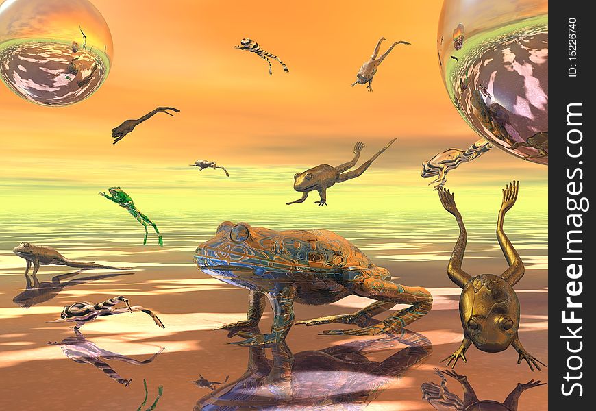 An abstract 3D render of frogs jumping. An abstract 3D render of frogs jumping.