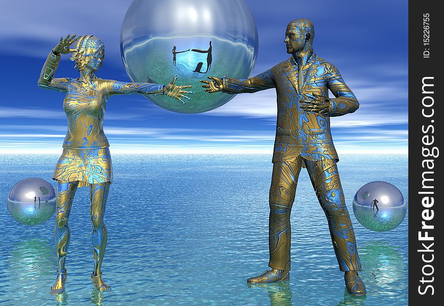 An abstract 3D render of a blue and gold metal couple doing a tango. An abstract 3D render of a blue and gold metal couple doing a tango.