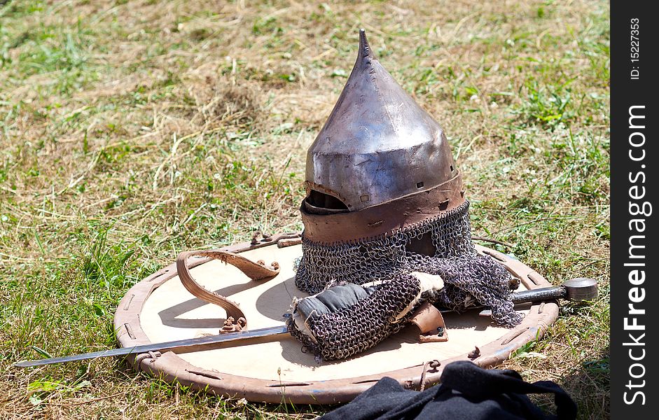 Helmet, shield and sword