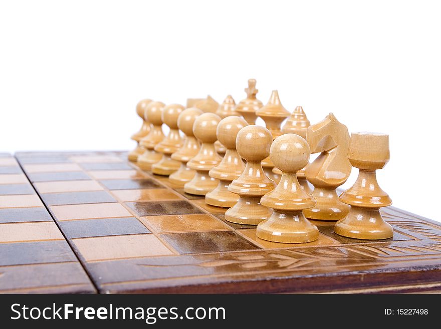White chess figures on chessboard isolated on white background. White chess figures on chessboard isolated on white background
