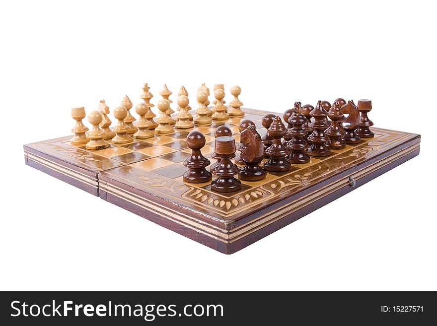 Set of a chess figures on a chessboard isolated on white background