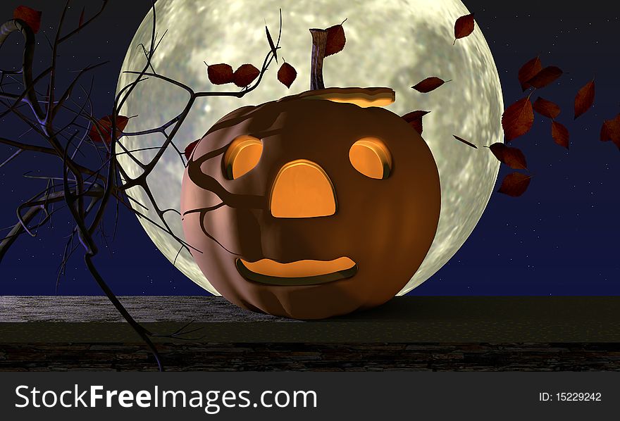 Pumpkin sitting on a ledge with a large full moon behind it and leaves blowing in the wind. Pumpkin sitting on a ledge with a large full moon behind it and leaves blowing in the wind.