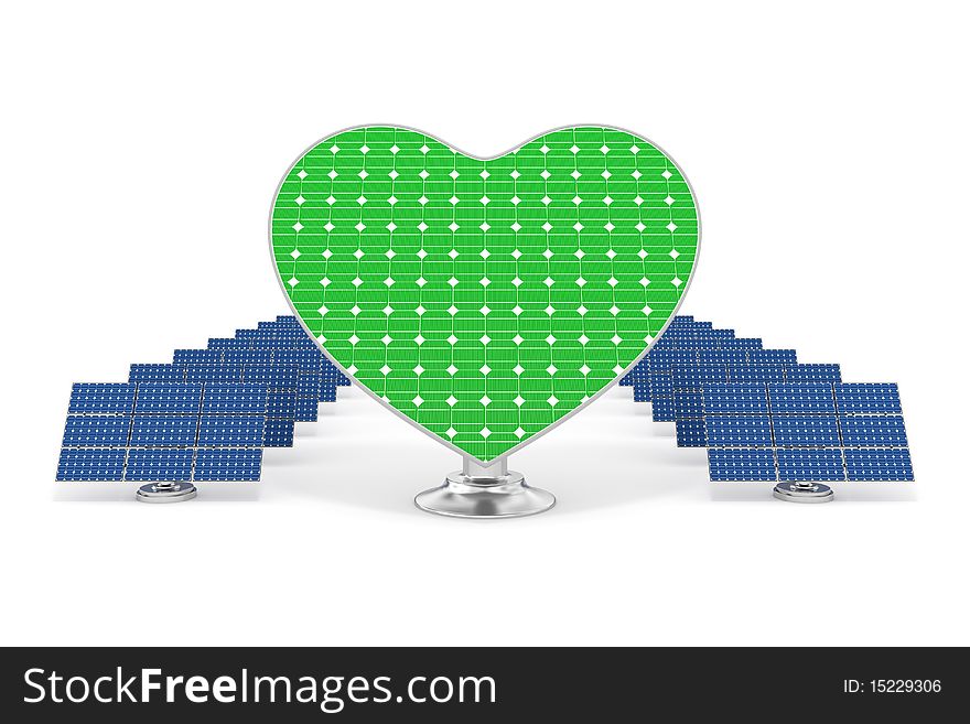 3d rendered green heart shaped and blue solar panels isolated. 3d rendered green heart shaped and blue solar panels isolated
