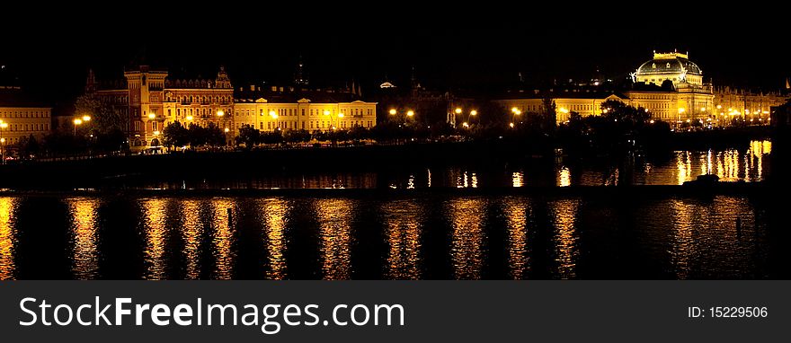 Vltava river embankment in Prague night. Vltava river embankment in Prague night