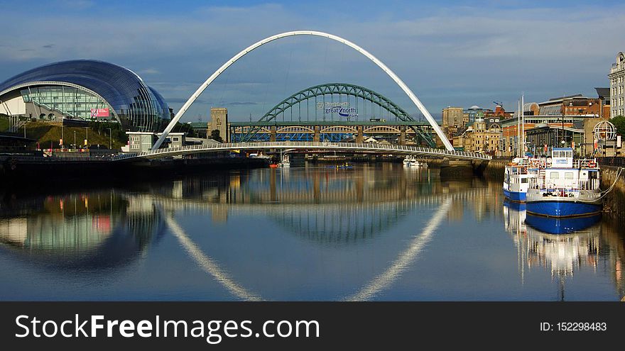 Newcastle upon Tyne Quayside panorama, on a reflective sunny morning