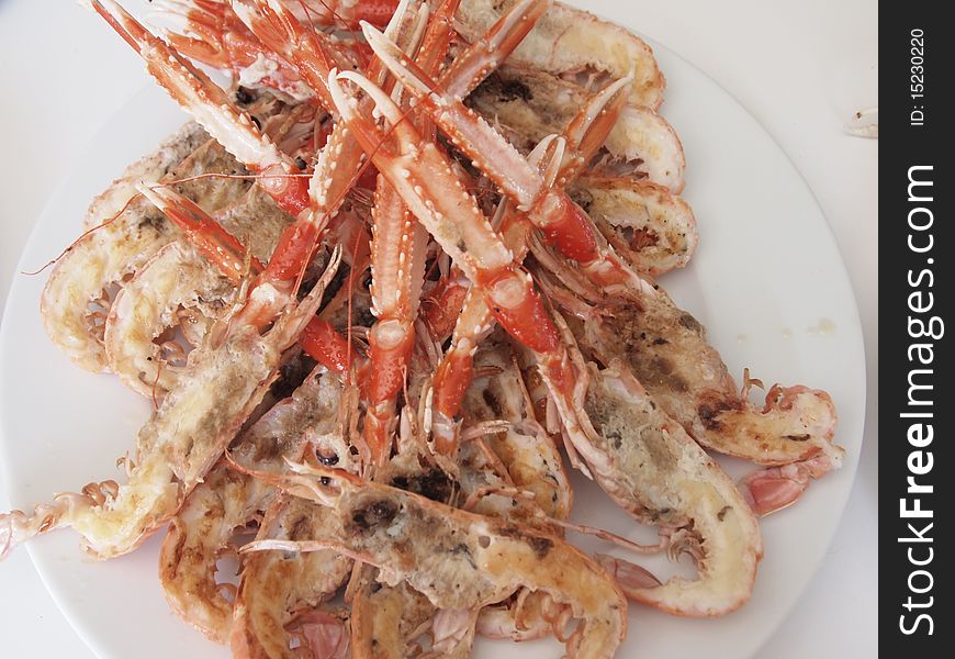 White and red grilled  prawns. White and red grilled  prawns