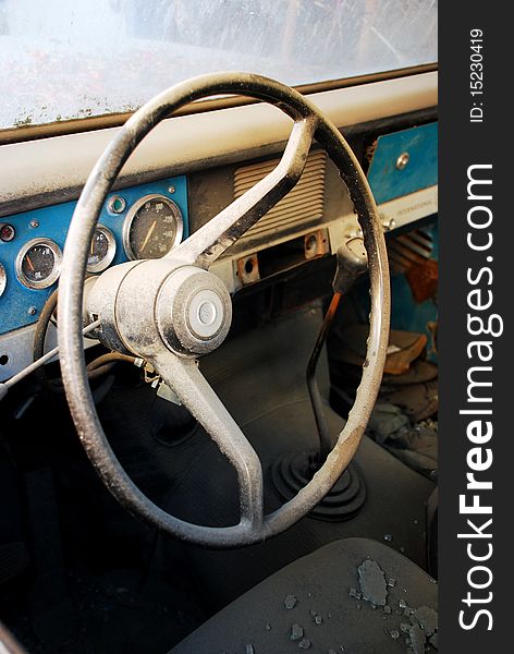 View of the interior of an old vintage car. View of the interior of an old vintage car