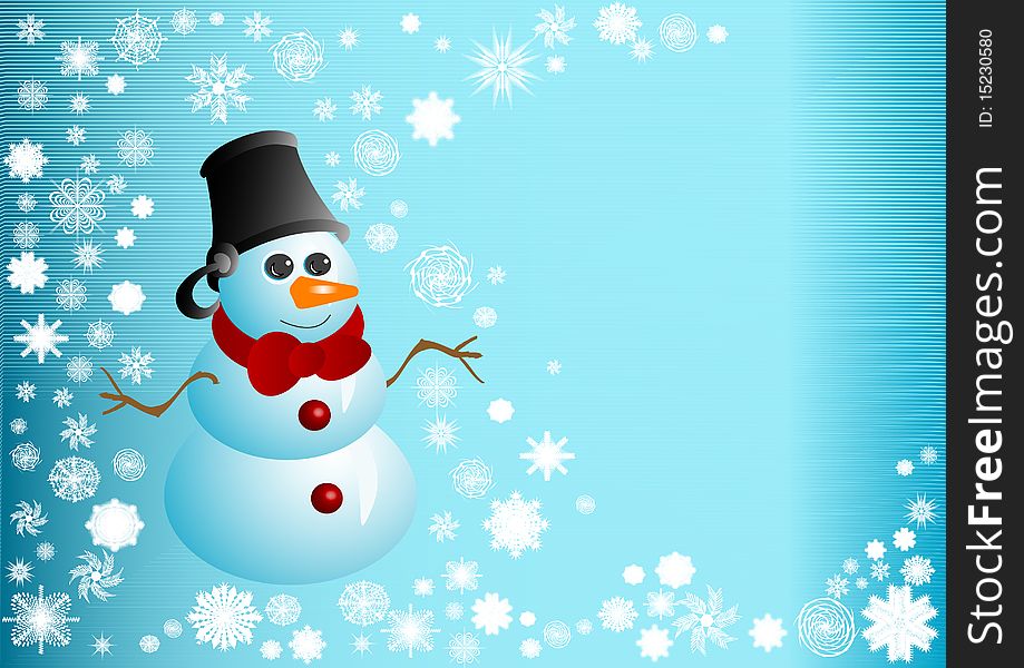 Illustration the Snowman of blue color with red bow