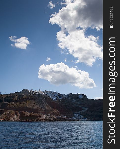 Santorini sky line with blue sky and white clouds