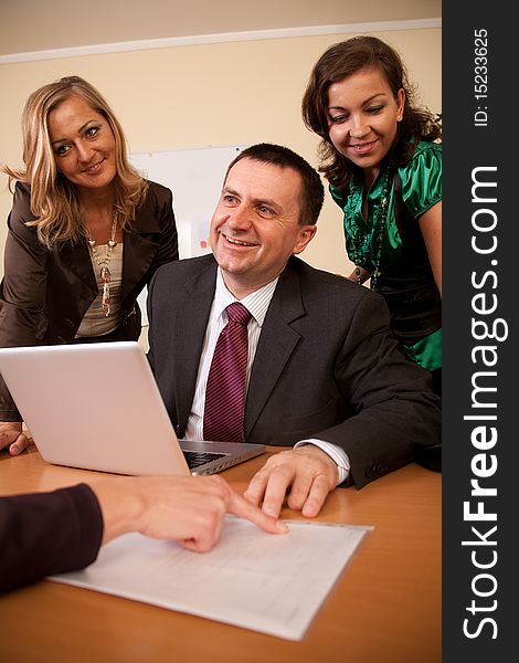 Group of three business people having negotiation with woman. Group of three business people having negotiation with woman
