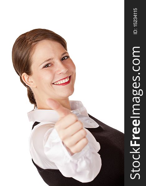 Young attractive businesswoman shows thumb up