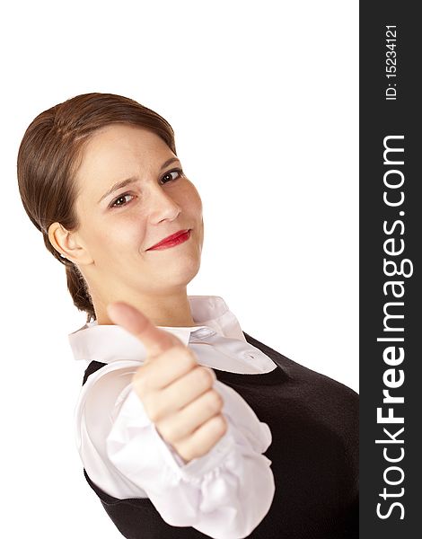 Casual young businesswoman shows thumb up