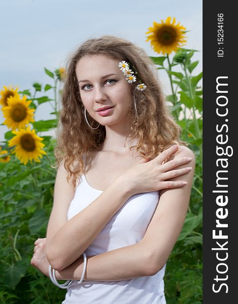 Young beauty woman on sea under sky