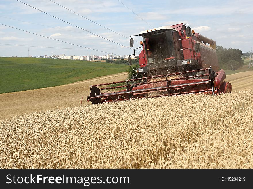 Summer landscape - combine working on a wheat field