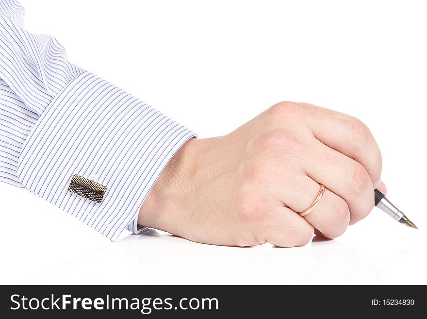 Isolated male hand holding pen