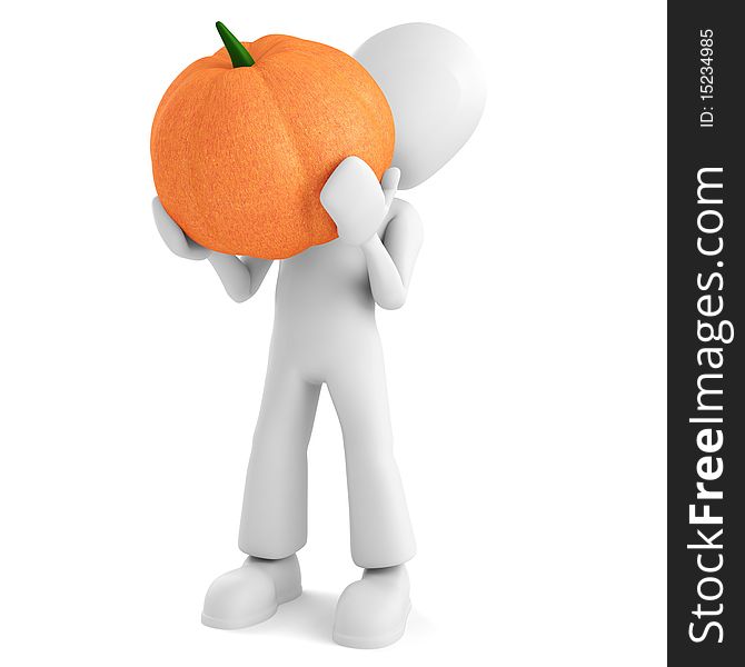 3d Man Holding A Pumpkin On White Background