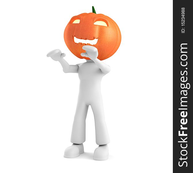 3d man holding a pumpkin, on white background