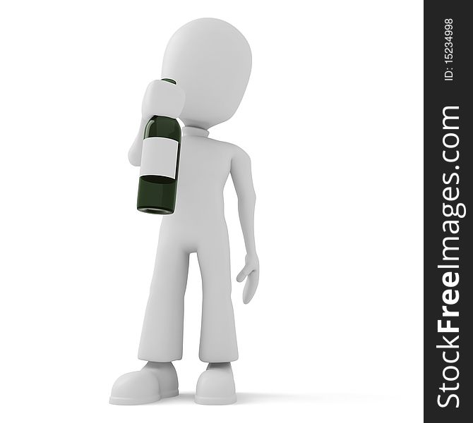 3d man and holding a bottle, isolated on white