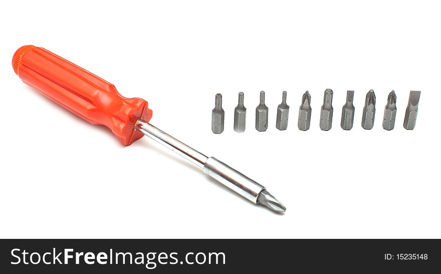 Screwdriver with different nozzles isolated on a white backgroun