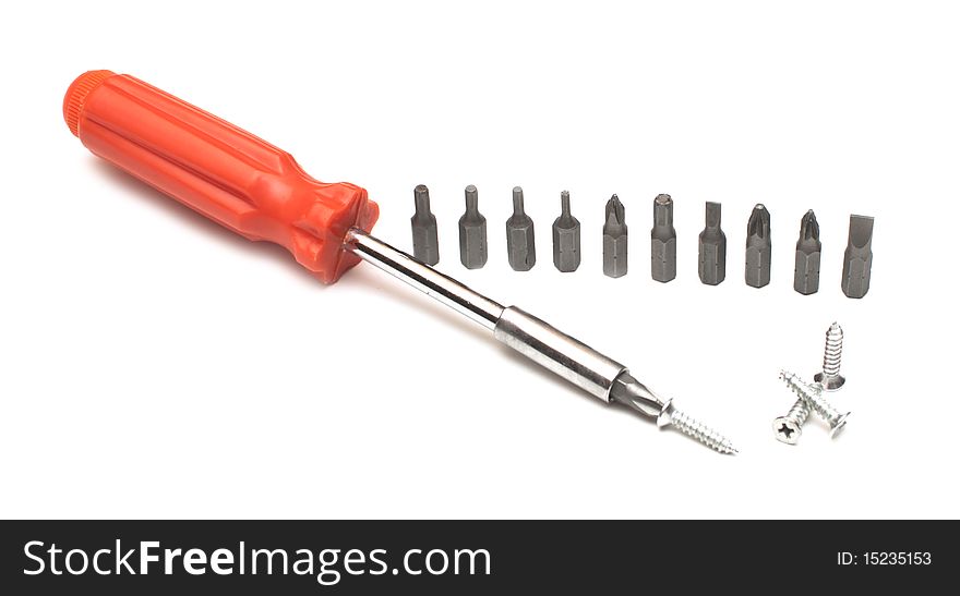 Screwdriver with different nozzles isolated on a white background