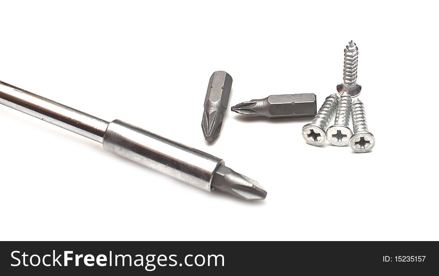 Screwdriver with different nozzles isolated on a white background