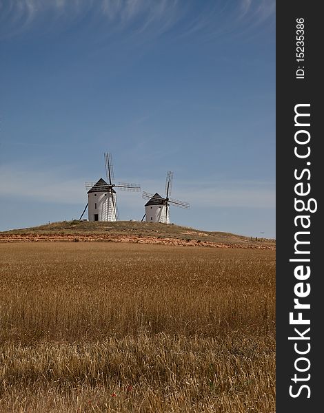 Windmills in front of a wheat field in Don Quixote's land: Castilla La Mancha. Windmills in front of a wheat field in Don Quixote's land: Castilla La Mancha.