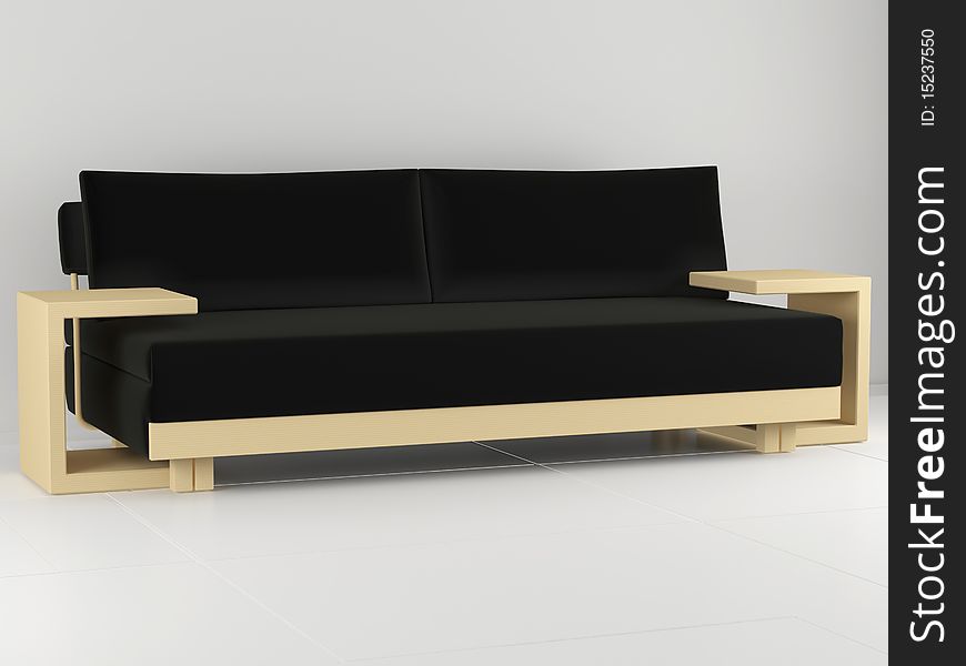 Modern black sofa in the white room, 3D render/illustration