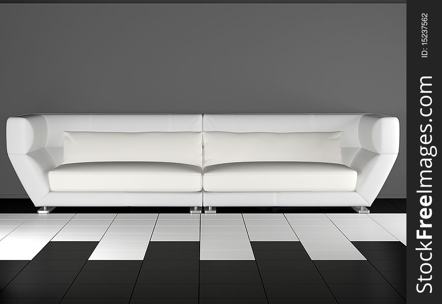 Modern white sofa in the black and white room, 3D illustrations/render