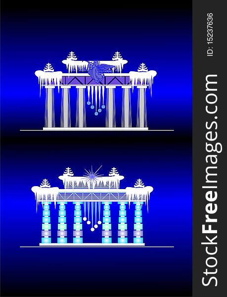 Ice sculpture in the form of a triumphal arch of classical style