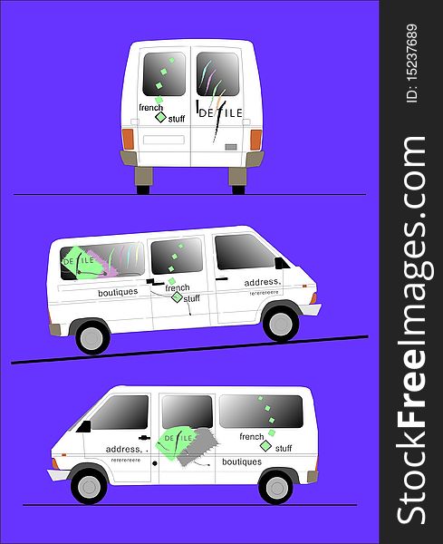Automobile van with the issued boards for clothes shop. Automobile van with the issued boards for clothes shop