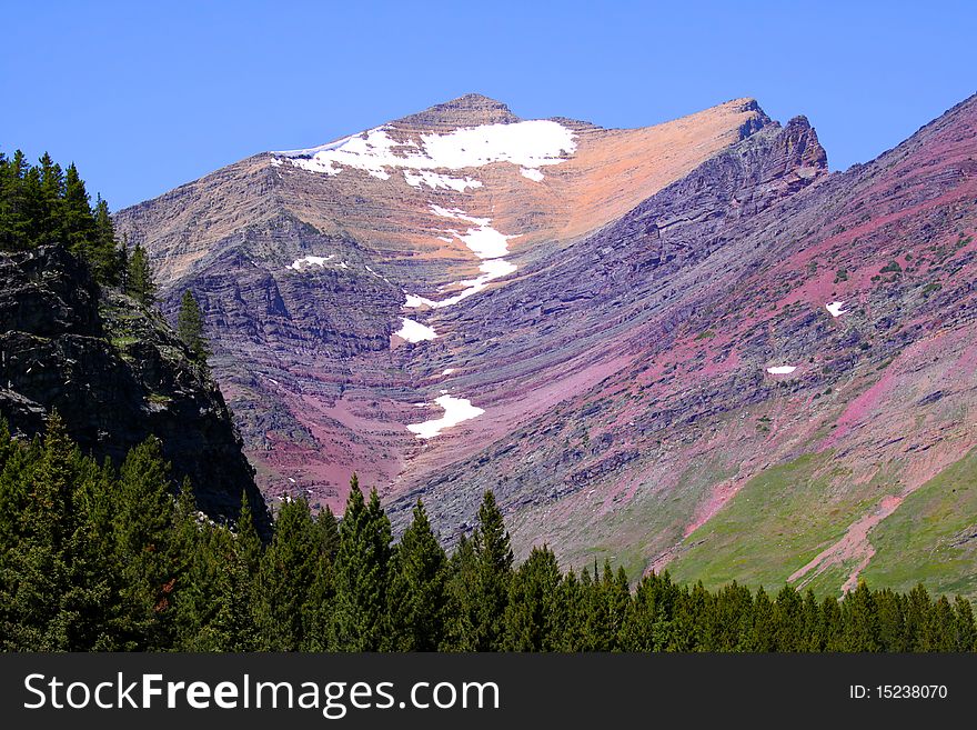 Scenic landscape of tall mountains in Glacier national park