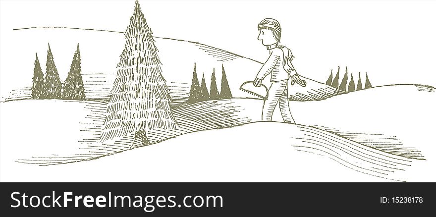 Pen and ink style illustration of a man cutting a Christmas tree. Pen and ink style illustration of a man cutting a Christmas tree.