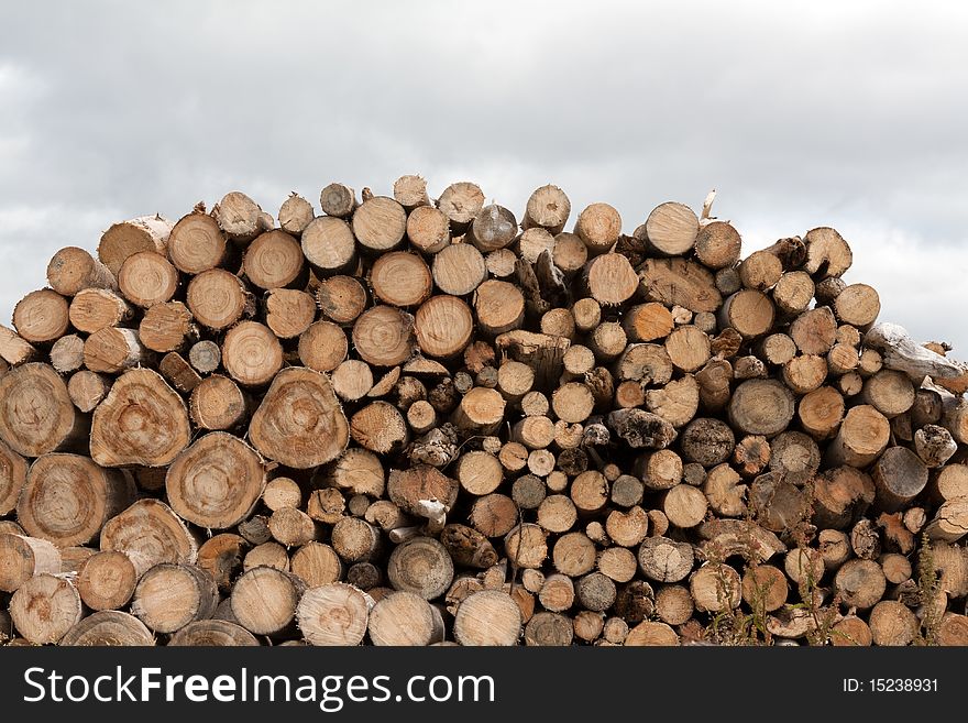 Firewood put in heap on background sky
