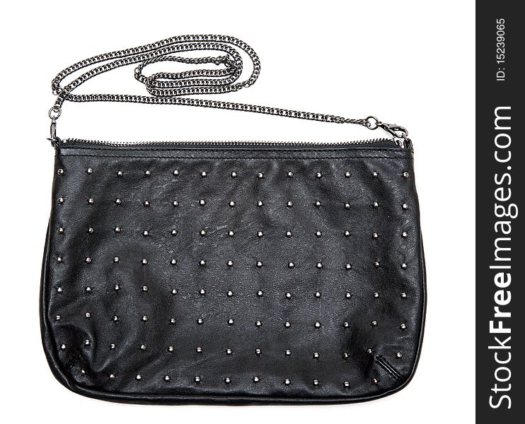 Black leather feminine bag with chain on white background