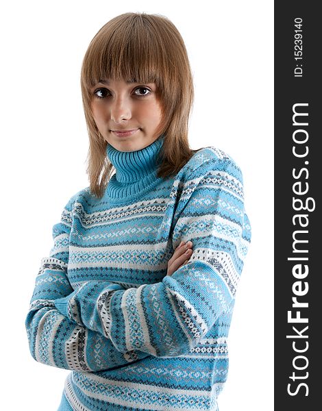 Portrait young beautiful girl in striped sweater on white background