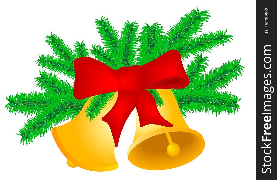 Two Christmas hand bells with a red tape with green fur-tree branches it is isolated on a white background