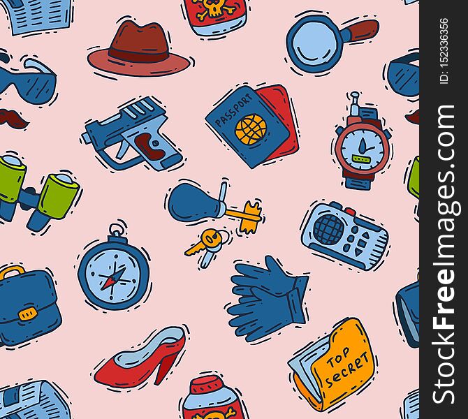 Spy icons cartoon detective set mafia agent binoculars or spyglass for spying or secret investigation illustration seamless pattern background.