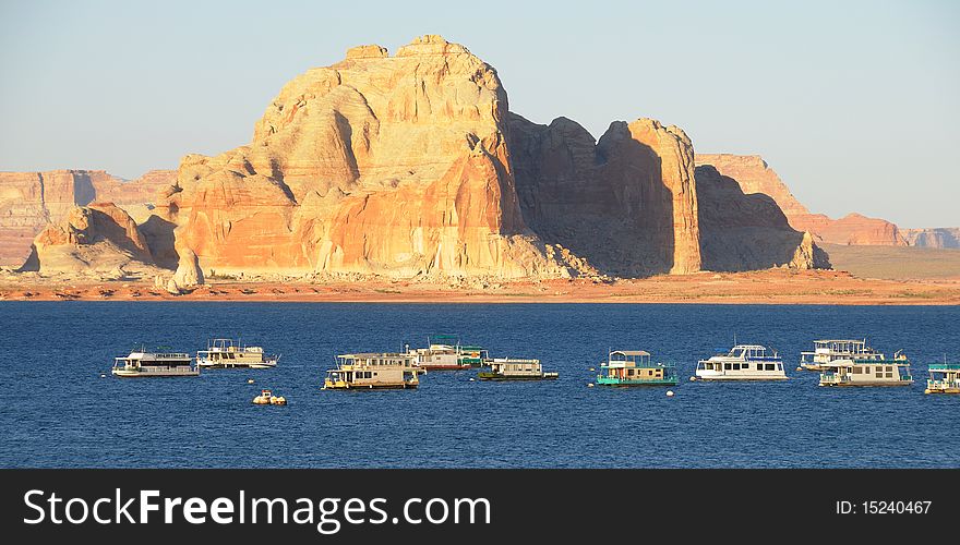 Tourist and fishing boats at Lake Powell Marina in Arizona