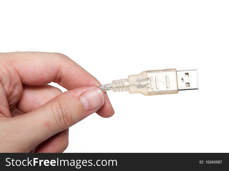 Close up of USB cable in hand isolated on white
