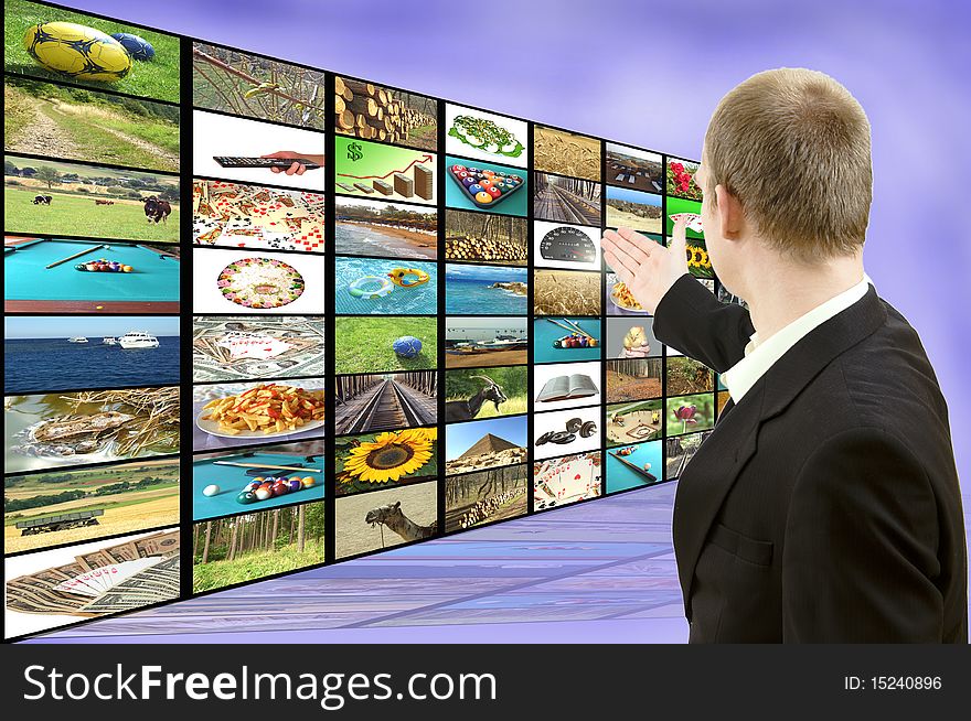 Businessman showing screen full of different images. Advertisement concept. all used images are my property.