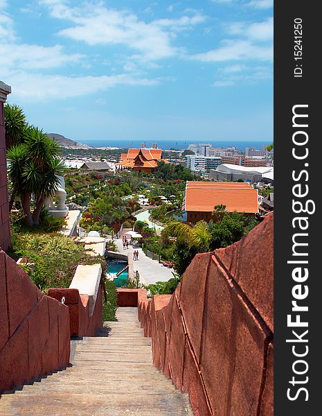 A stone staircase with cityscape and ocean view. Tenerife, Canaries.