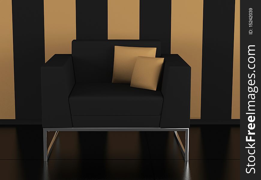 Modern black sofa in the black and brown room, 3D render/illustration
