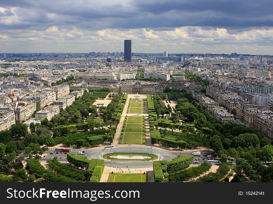 View of Champ de Mars in Paris at summer day from Eiffel Tower