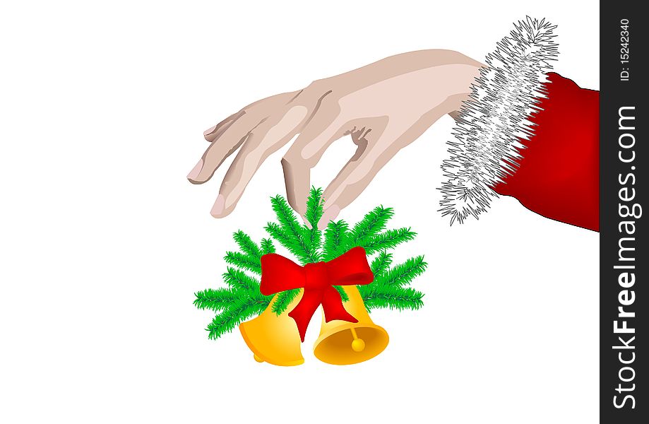 New years Hand of the person two Christmas hand bells with a red tape on green fur-tree branches on isolated white background