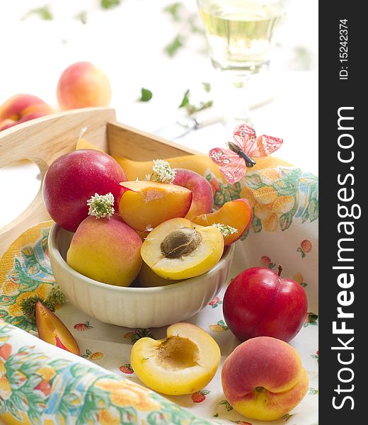 Fresh plums and apricots in bowl with butterfly. Fresh plums and apricots in bowl with butterfly