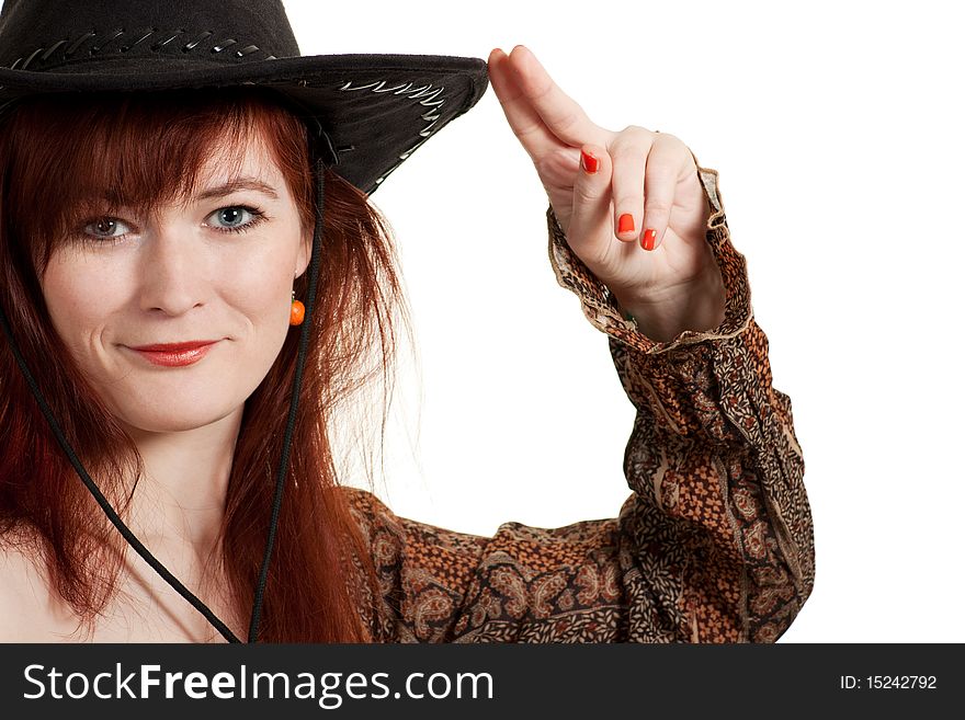 Smiling redhead woman saluted look in camera. Smiling redhead woman saluted look in camera