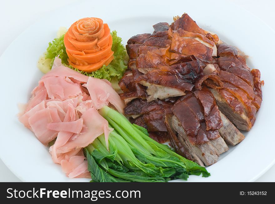 Roasted duck decorate with ginger and vegetable