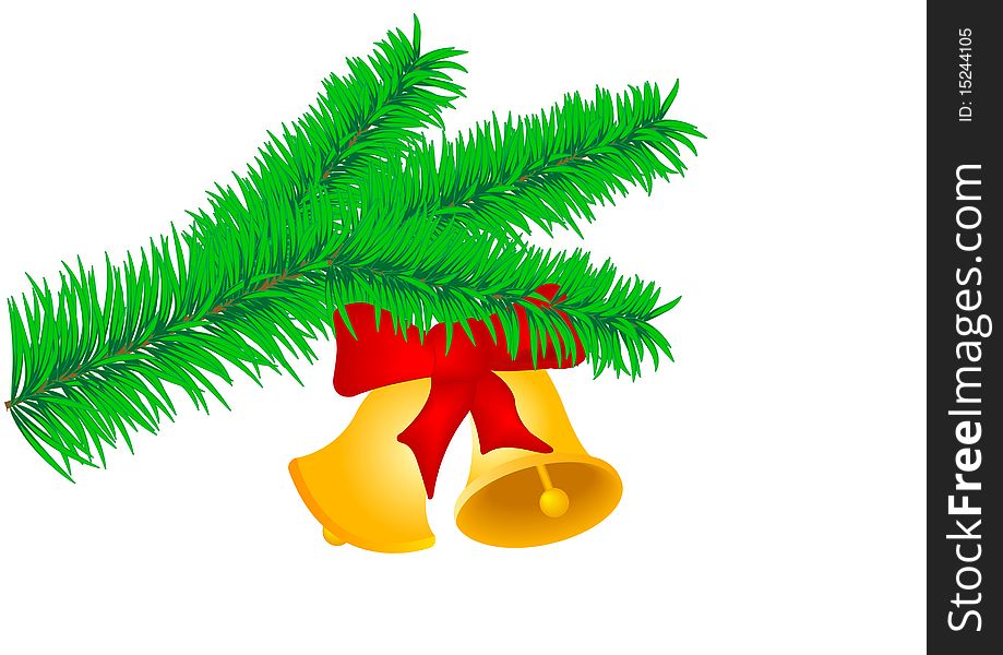 Two Christmas hand bells with a red tape on green fur-tree to a branch it is isolated on a white background